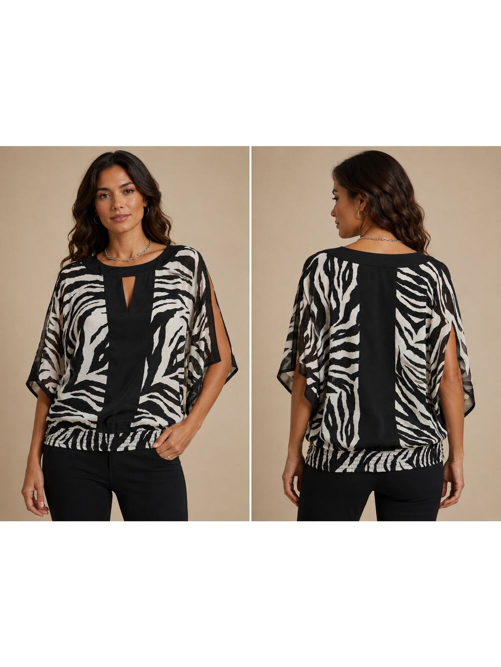 Cache Zebra Elastic Bottom Split Peek A Boo Shoulder Neck Top $98 NWT Sz S/M